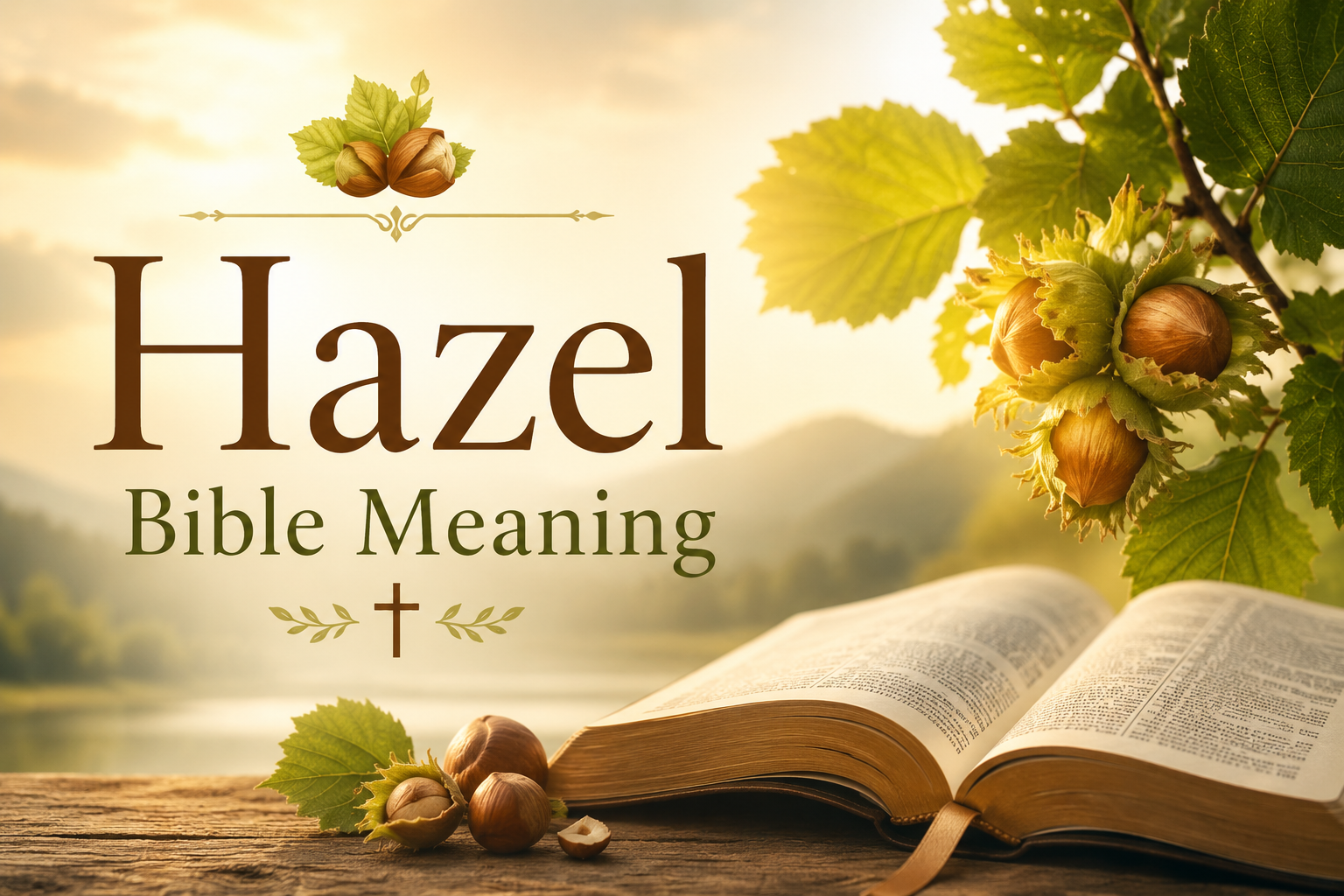 Feature image showing an open Bible beside hazelnuts and hazel tree branches in warm golden sunlight, symbolizing the spiritual significance and biblical meaning of the name Hazel in a peaceful natural setting.