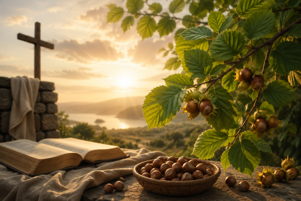 A serene biblical-inspired landscape featuring hazel branches with ripe nuts, an open Bible on a stone surface, and a wooden cross overlooking rolling hills at sunrise, symbolizing the spiritual meaning of the name Hazel.