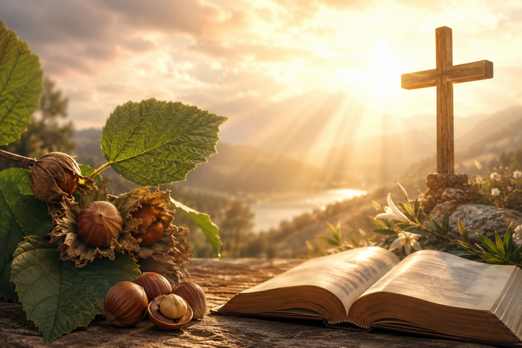 A peaceful sunrise landscape featuring hazel branches and nuts beside an open Bible, with a wooden cross overlooking a tranquil valley, symbolizing spiritual growth, wisdom, faith, and God's guidance.