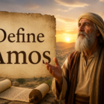 Ancient biblical desert scene featuring the prophet Amos holding a staff beside aged scrolls, with a warm golden sunset illuminating the landscape, symbolizing the meaning and message of Amos in the Bible.