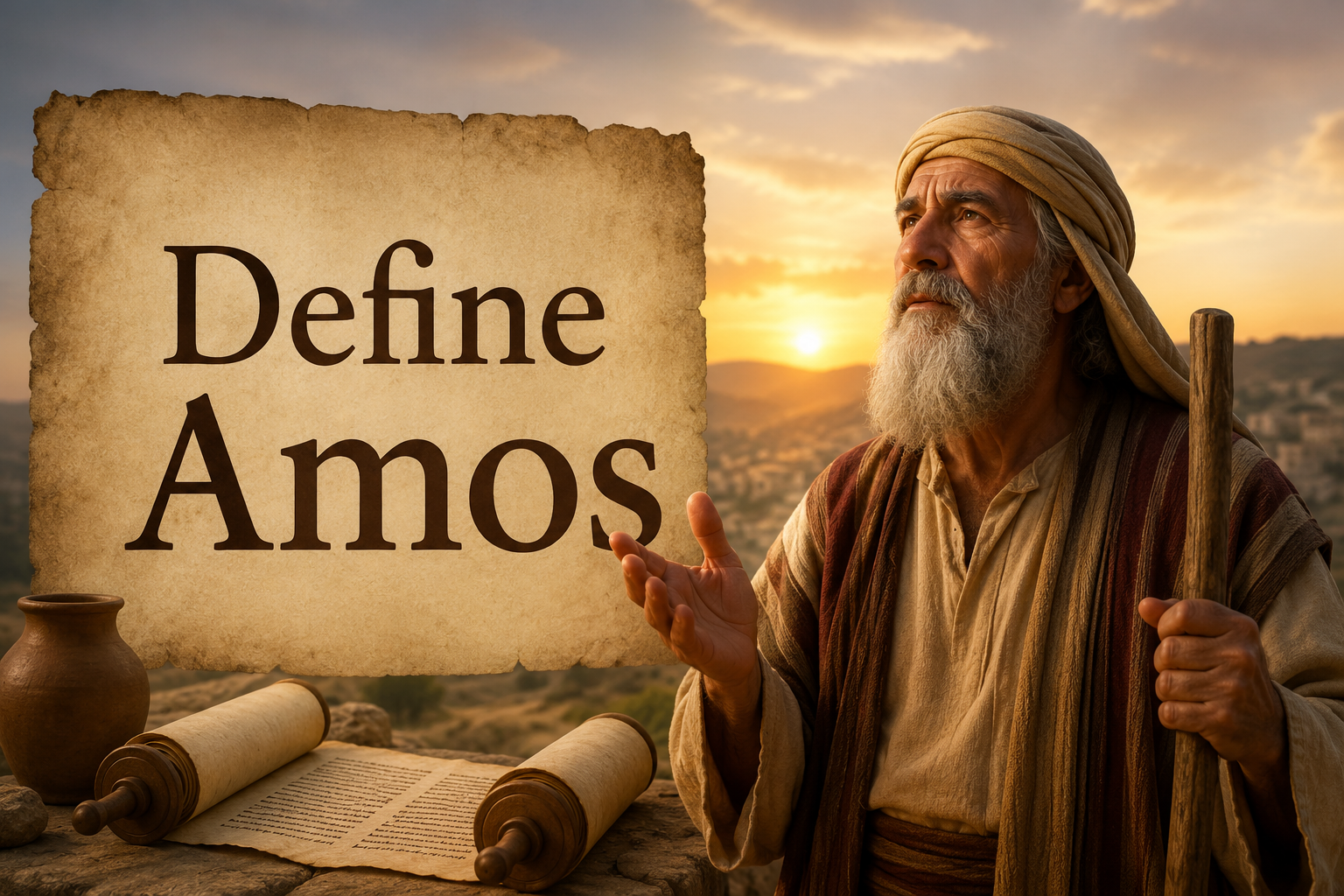 Ancient biblical desert scene featuring the prophet Amos holding a staff beside aged scrolls, with a warm golden sunset illuminating the landscape, symbolizing the meaning and message of Amos in the Bible.