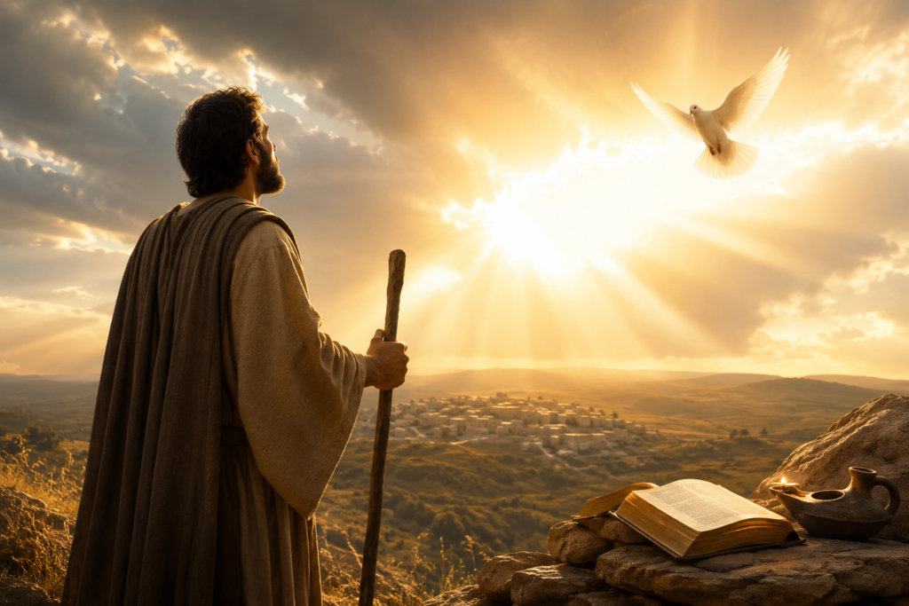 A robed biblical figure overlooking a sunlit landscape with a dove in the sky, an open Bible, and warm golden light symbolizing the spiritual meaning of Amos.