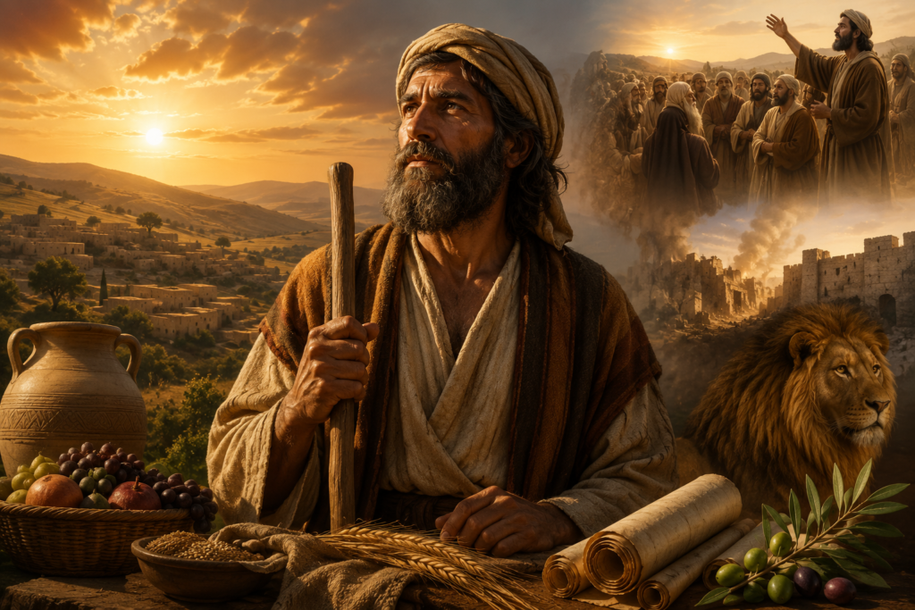 A warm, cinematic biblical scene featuring the prophet Amos holding a shepherd's staff, surrounded by ancient scrolls, pottery, grain, fruit, and a lion, with distant hills, an ancient city, and symbolic scenes of prophecy unfolding under a golden sunset.
