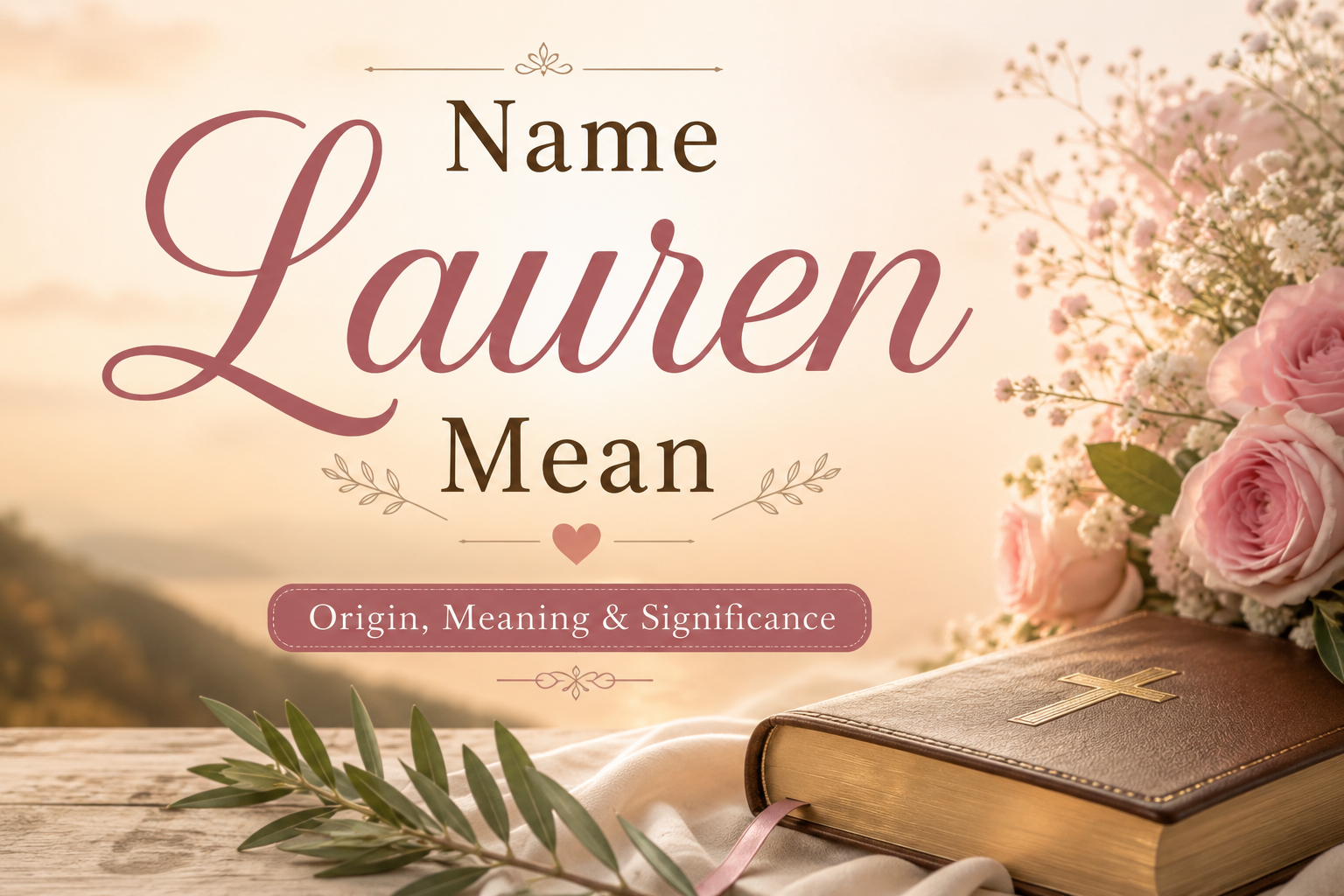 A warm, elegant illustration featuring an open Bible, soft pink roses, and a golden sunrise in the background, symbolizing the meaning, origin, and spiritual significance of the name Lauren.