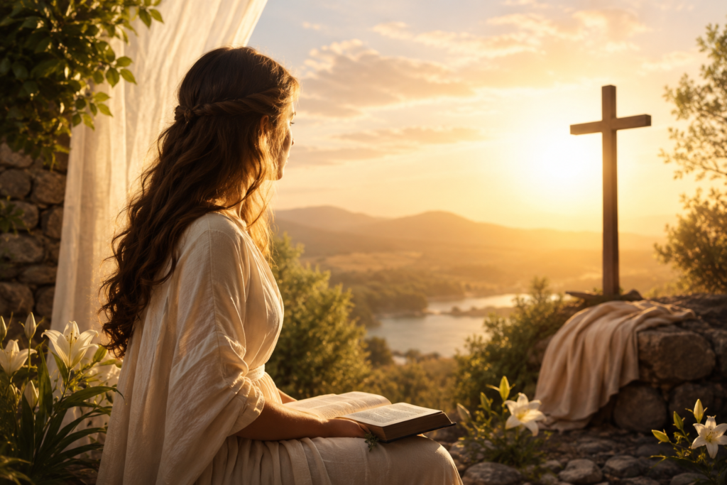 A peaceful woman reading Scripture while looking toward a glowing cross at sunrise, symbolizing the biblical meaning of the name Lauren through faith, hope, and spiritual reflection.