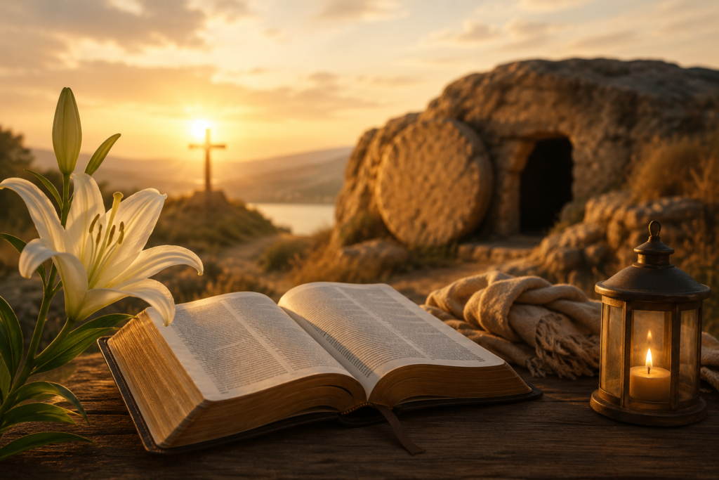 A warm, golden-hour biblical scene featuring an open Bible on a rustic wooden table, surrounded by a white lily and a glowing lantern, with a cross on a distant hill and an empty stone tomb in the background, symbolizing faith, hope, and the spiritual meaning of the name Lauren.