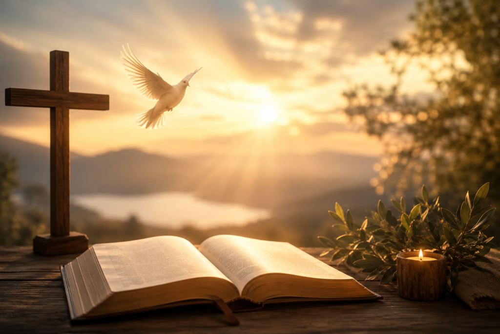 Peaceful Christian scene with an open Bible, wooden cross, white dove, and glowing sunrise, representing the spiritual meaning of the name Owen with faith, hope, and divine guidance.