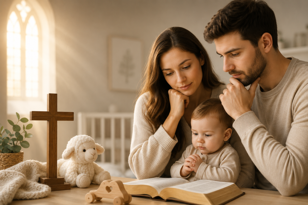 Warm, text free illustration of Christian parents prayerfully considering the name Owen for their baby, with an open Bible, wooden cross, and soft nursery setting illuminated by gentle morning light.