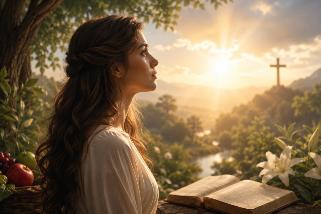 Peaceful biblical inspired illustration of a young woman in prayer beside an open Bible with a cross on a distant hill, symbolizing the spiritual meaning of the name Eva in a serene natural landscape.