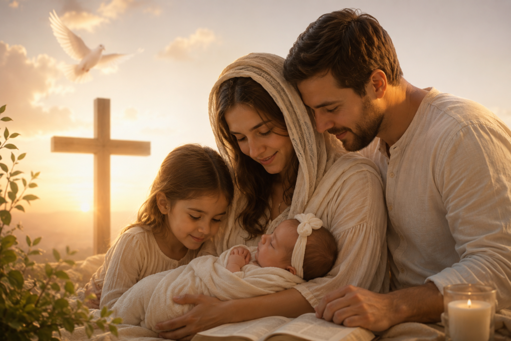 Christian family gathered around a newborn with an open Bible, wooden cross, and dove at sunset, symbolizing faith, love, hope, and the meaningful choice of the name Eva.