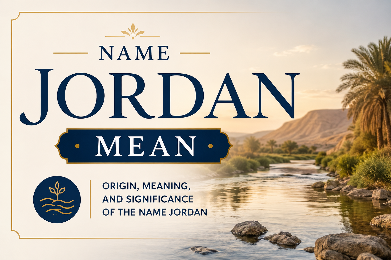 A peaceful river flowing through a desert landscape with palm trees and distant hills, symbolizing the biblical significance and origin of the name Jordan in a clean, modern feature image.