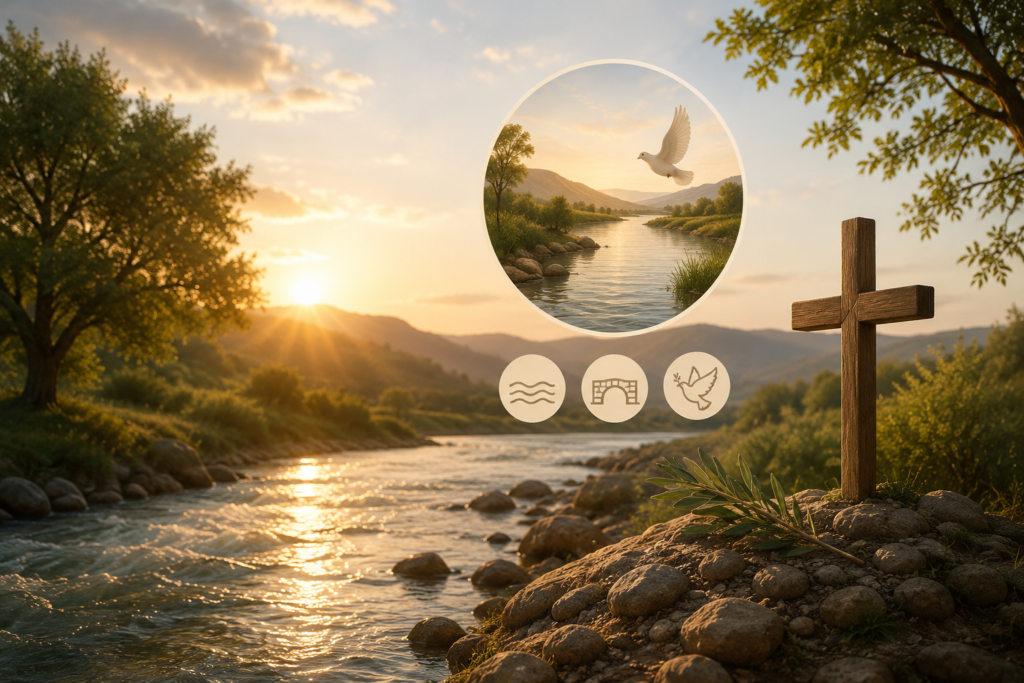 Golden sunrise over a peaceful river with a wooden cross on the riverbank, symbolizing the biblical meaning of the name Jordan through faith, peace, and flowing water.