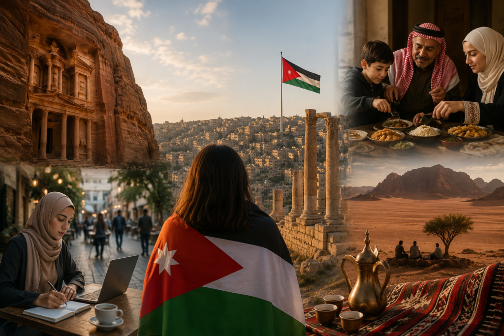 A symbolic illustration of personal identity and everyday life inspired by the meaning of the name Jordan, featuring a peaceful cityscape, ancient stone architecture, desert scenery, family gathering, coffee culture, and a central figure overlooking the landscape in warm golden light.