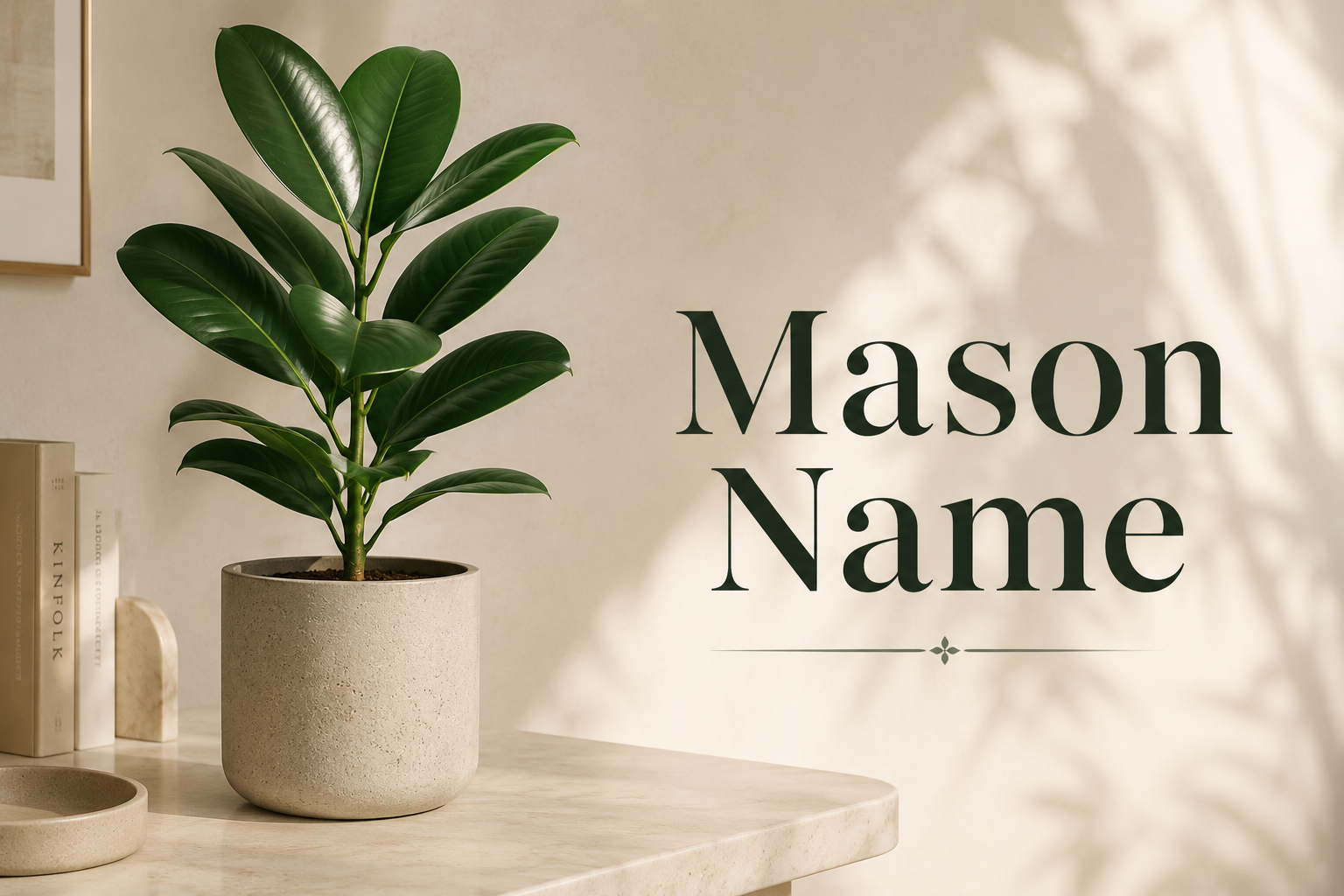 A clean, minimalist illustration featuring a stone archway and neatly stacked masonry blocks with warm earthy tones, symbolizing craftsmanship, strength, and the meaning behind the name Mason. The scene has a soft, modern aesthetic with ample copy space and no visible text.
