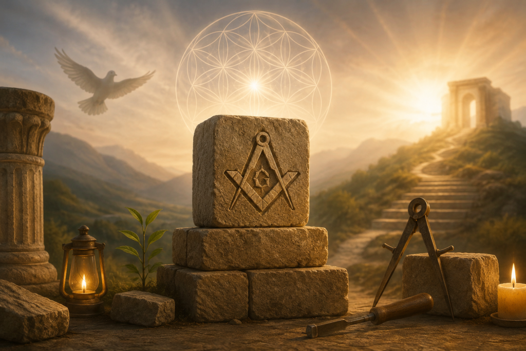 A glowing stone path leading to a handcrafted stone structure at sunrise, surrounded by peaceful mountains, symbolic masonry tools, a lantern, and a dove, representing spiritual growth, purpose, strength, and inner wisdom.