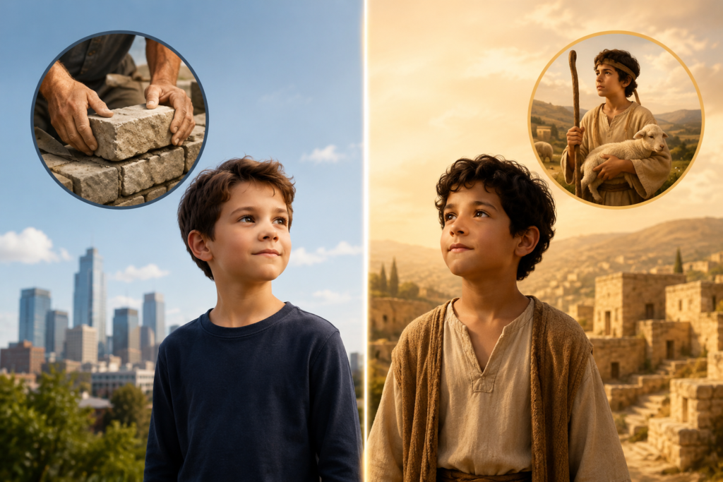A split-scene illustration contrasting a modern child in an urban setting with an ancient child in biblical-style clothing standing in a historic stone village, symbolizing the comparison between the contemporary name Mason and traditional biblical-style names.