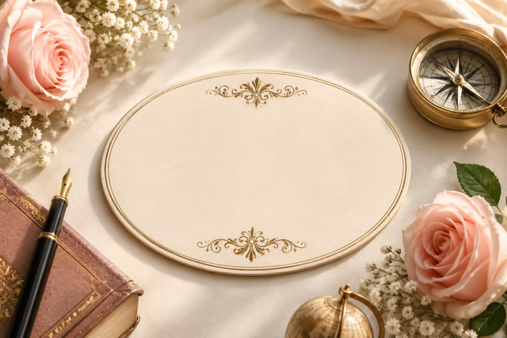 Elegant flat lay featuring vintage books, a compass, a fountain pen, delicate pink roses, and a decorative blank medallion on a warm beige background, symbolizing the timeless meaning and heritage of the name Amelia.
