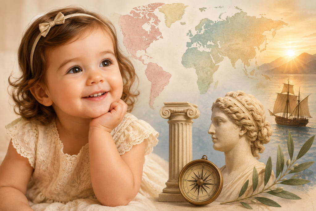 A smiling young girl in a vintage lace dress beside a watercolor world map, classical marble statue, ancient column, compass, sailing ship, and olive branch, symbolizing the historical roots and timeless heritage of the name Amelia.
