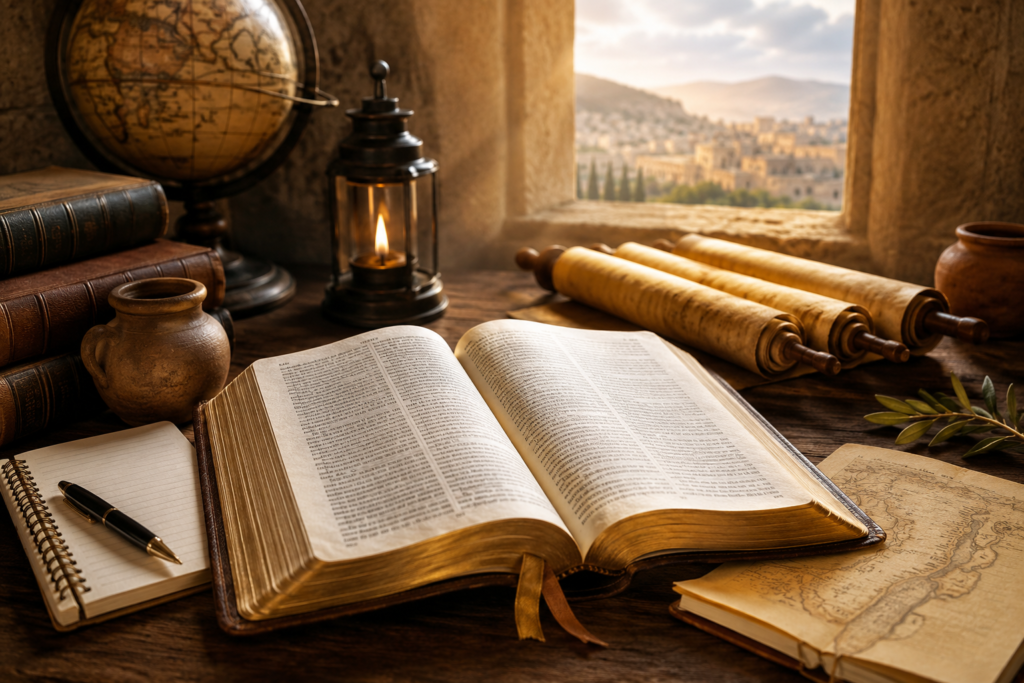 A warmly lit biblical study scene featuring an open Bible, ancient scrolls, old books, a vintage globe, and a glowing oil lamp on a wooden desk, symbolizing biblical research, historical context, and scriptural understanding.