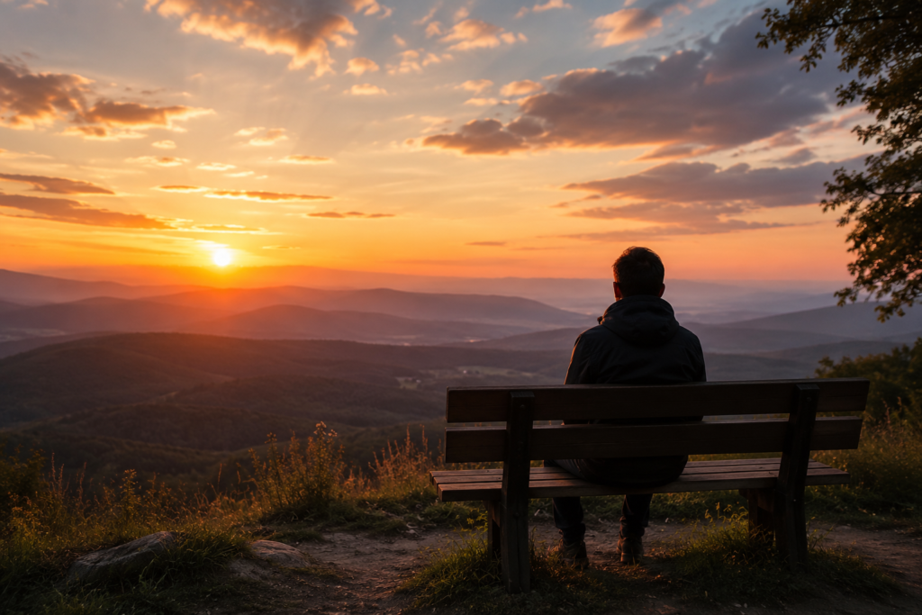Peaceful sunset over rolling hills with a lone wooden bench overlooking the landscape, symbolizing reflection, hope, and a thoughtful conclusion.