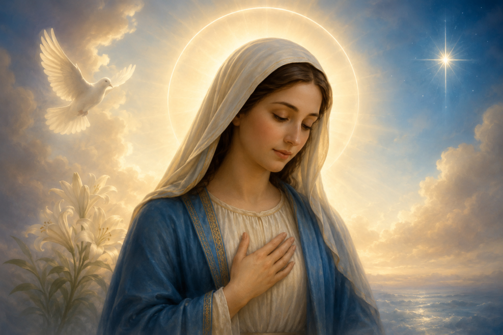 A serene spiritual illustration of a graceful woman in flowing blue and cream robes surrounded by golden heavenly light, white lilies, a dove, soft clouds, and a bright star, symbolizing purity, faith, grace, and divine blessing.