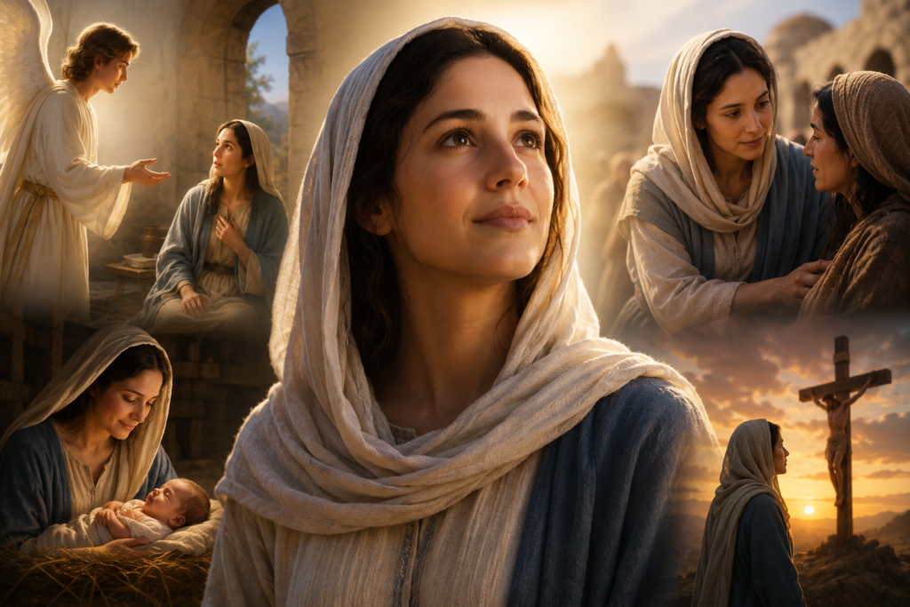 A warm, biblical-inspired illustration of Mary surrounded by symbolic scenes of faith, compassion, motherhood, and devotion, representing the spiritual meaning of Maria and timeless lessons from biblical stories.