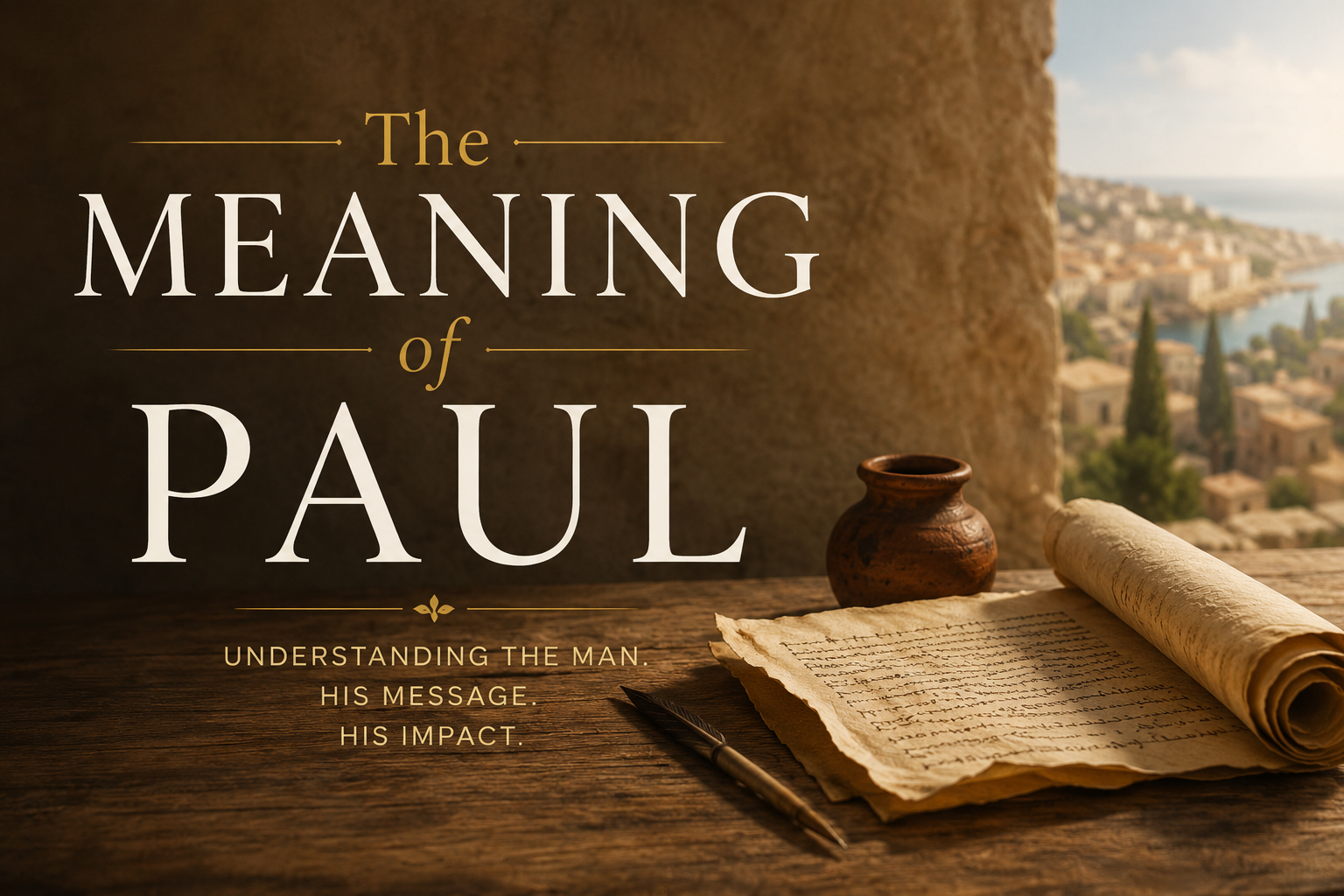 A warm, cinematic illustration of the Apostle Paul writing on ancient scrolls with a quill, overlooking a Mediterranean city, symbolizing the biblical meaning, origin, and spiritual significance of the name Paul.