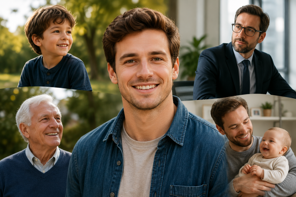 A warm, multi-scene collage showing smiling people of different ages—from a child to an older adult—along with a professional and a young father holding a baby, symbolizing the enduring popularity and timeless appeal of the name Paul across generations.