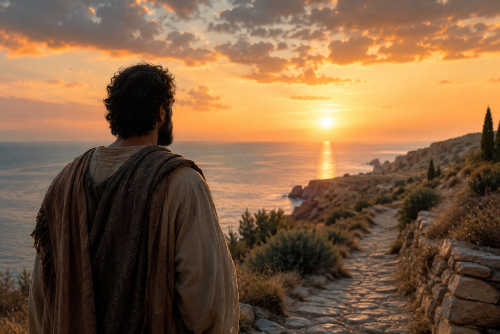 A peaceful sunset over a rocky coastal landscape with a robed figure standing on a stone path, looking toward the glowing horizon. The warm golden light, calm sea, and serene atmosphere symbolize reflection, purpose, faith, and the enduring legacy associated with the meaning of the name Paul.