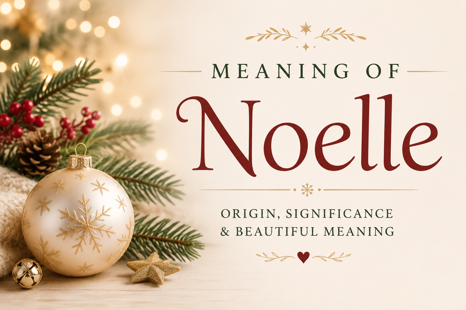 A warm, festive feature image with evergreen branches, red berries, pinecones, and a white Christmas ornament decorated with gold snowflakes. The soft cream background is illuminated by warm bokeh lights, creating a cozy holiday atmosphere that symbolizes the name Noelle's connection to Christmas, joy, hope, and celebration.