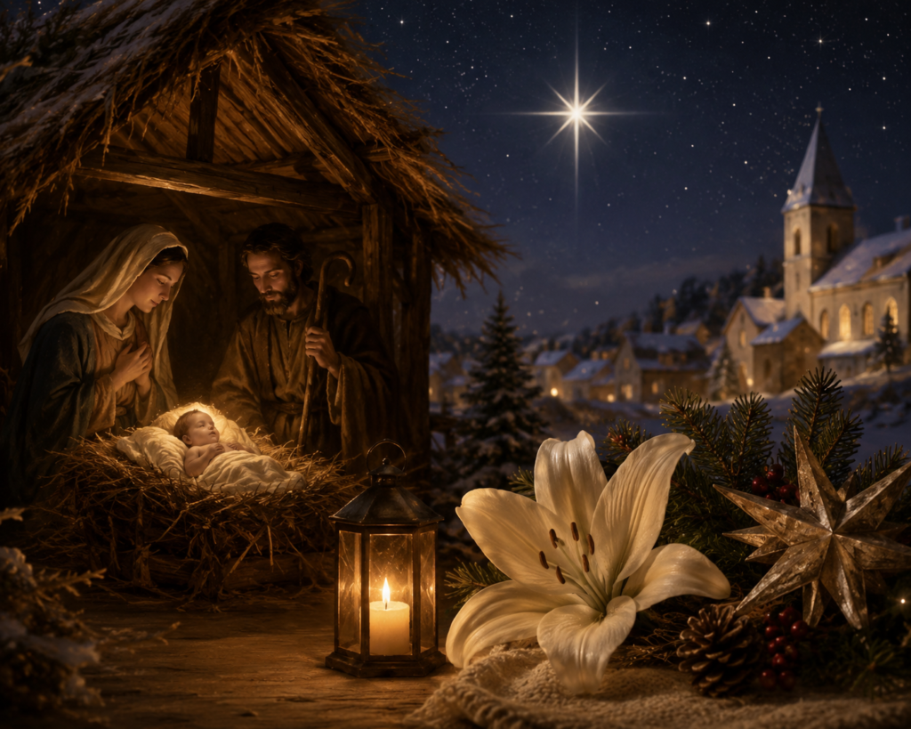 A peaceful Nativity scene at night with Mary, Joseph, and baby Jesus in a rustic manger beneath a bright star, surrounded by a snowy village, glowing lantern, white lily, evergreen branches, and festive winter decorations.