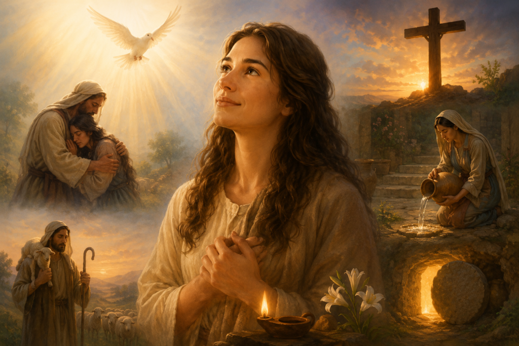A warm, faith-inspired illustration of a young woman looking upward in hope, surrounded by symbolic biblical scenes including a dove, a shepherd with sheep, a caring embrace, a wooden cross at sunrise, an empty tomb, a flowing water jar, a glowing oil lamp, and white lilies, representing themes of peace, salvation, renewal, compassion, and divine promise.