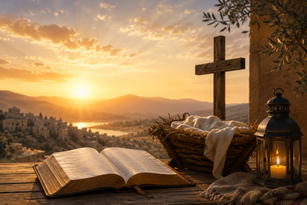 A peaceful biblical-inspired landscape at golden sunrise featuring an open Bible, a rustic manger draped with white cloth, a wooden cross, and a glowing lantern overlooking rolling hills and a tranquil river, symbolizing hope, faith, peace, and the spiritual meaning associated with the name Noelle.