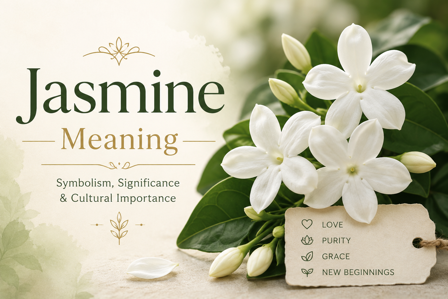 A serene feature image showcasing blooming white jasmine flowers with lush green leaves against a soft, warm background, symbolizing purity, beauty, grace, and the deeper meaning of the name Jasmine.