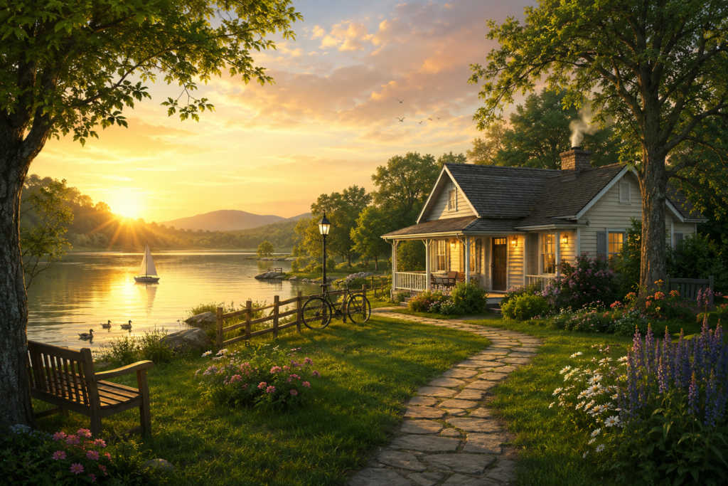 Peaceful countryside landscape with a cozy cottage beside a calm lake at sunset, surrounded by blooming flowers, lush green trees, and a winding stone path under a warm golden sky.