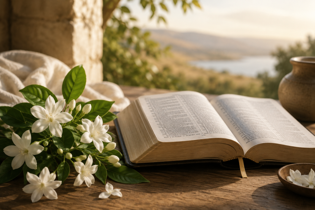 A serene open Bible resting on a rustic wooden table beside blooming white jasmine flowers, with a clay jar and a peaceful countryside landscape in the background, illuminated by warm golden sunlight.