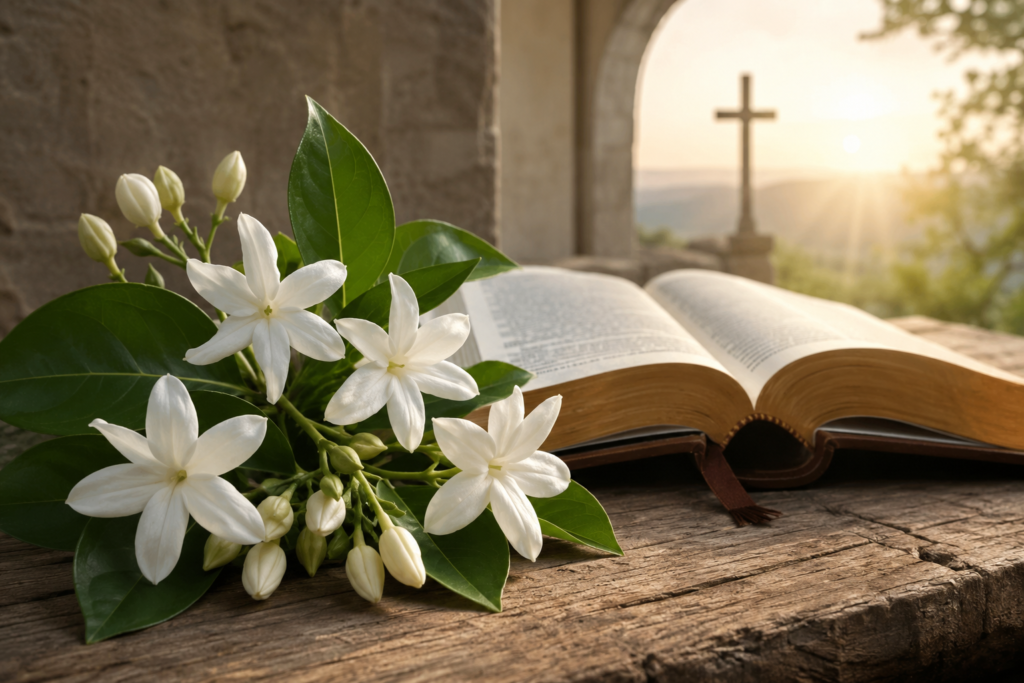 Peaceful scene featuring blooming white jasmine flowers beside an open Bible on a rustic wooden table, with warm sunlight and a distant cross symbolizing faith, hope, and spiritual reflection.