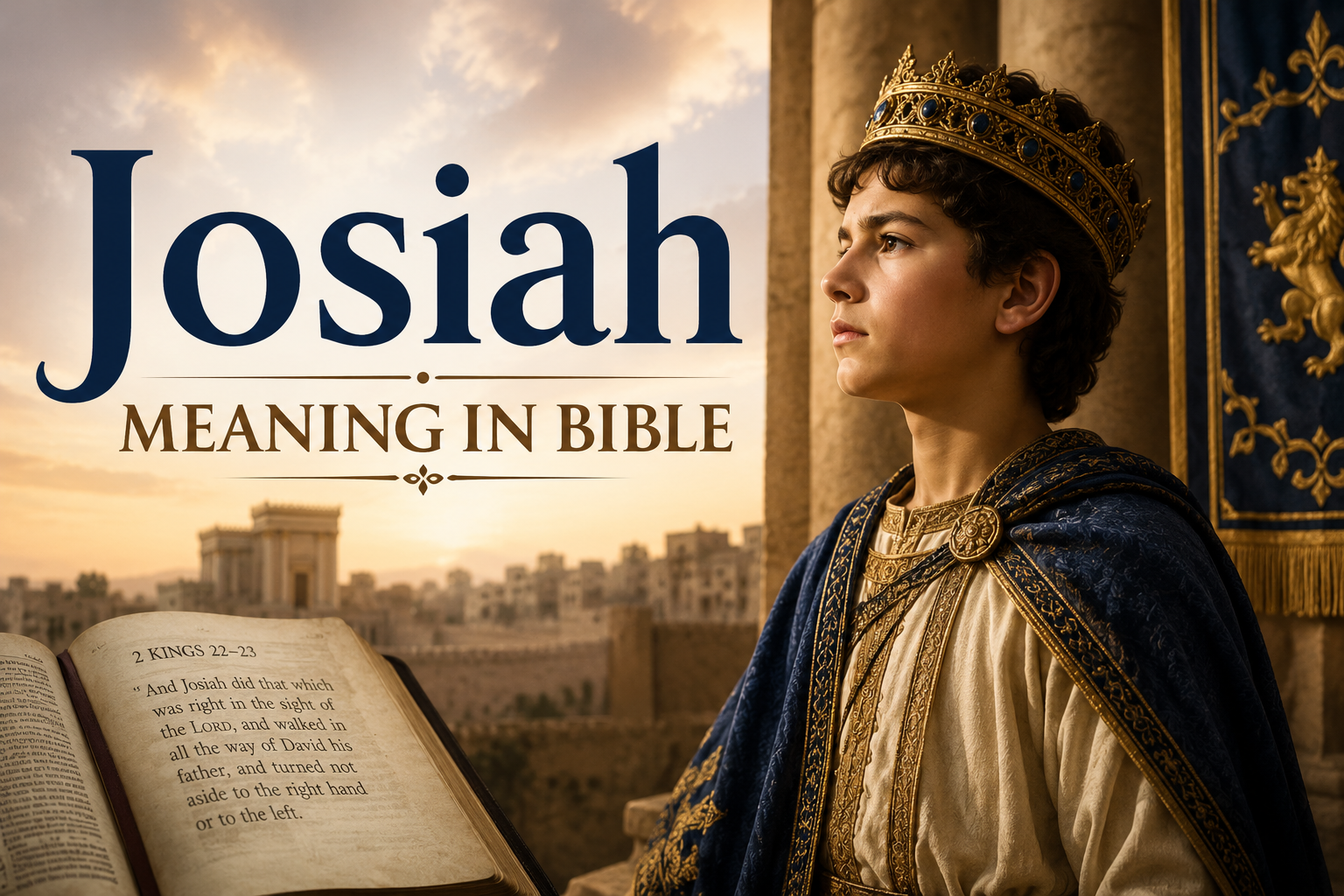 A cinematic biblical illustration of young King Josiah wearing a royal crown and blue robe, standing before the ancient city of Jerusalem at sunrise with an open Bible in the foreground, symbolizing faith, wisdom, and spiritual renewal.