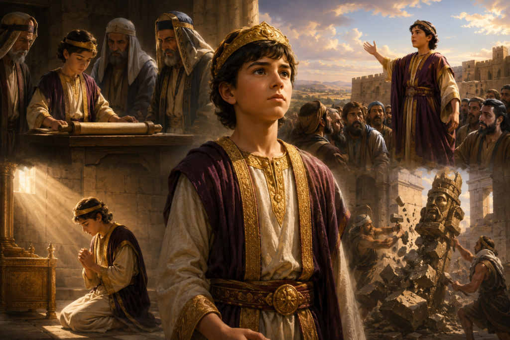 A cinematic biblical illustration of young King Josiah standing confidently before the ancient Temple in Jerusalem, surrounded by scenes of reading sacred scrolls, praying, teaching the people, and removing idols, illuminated by warm golden sunlight to symbolize faith, wisdom, and spiritual renewal.