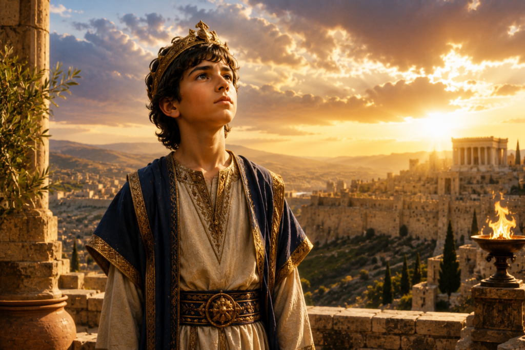 A cinematic biblical-inspired illustration of a young king standing on a stone terrace overlooking ancient Jerusalem at sunrise, wearing royal robes and a simple crown as golden light fills the sky, symbolizing wisdom, hope, faithful leadership, and spiritual renewal.