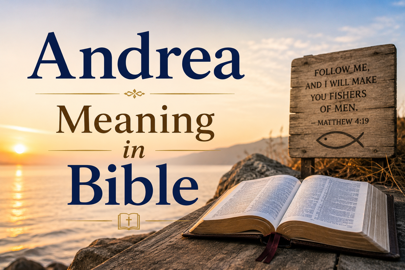 Feature image for "Andrea Meaning in Bible" showing an open Bible on a rustic wooden table beside a peaceful lakeside at sunrise, with warm golden light illuminating the scene to symbolize faith, biblical wisdom, and the spiritual significance of the name Andrea.