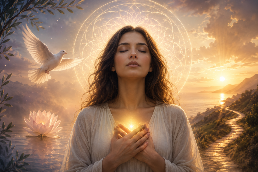 A serene spiritual illustration of a young woman surrounded by warm golden light, a white dove, a glowing mandala, and a blooming lotus beside calm water, symbolizing inner peace, faith, divine guidance, and spiritual awakening without any text.