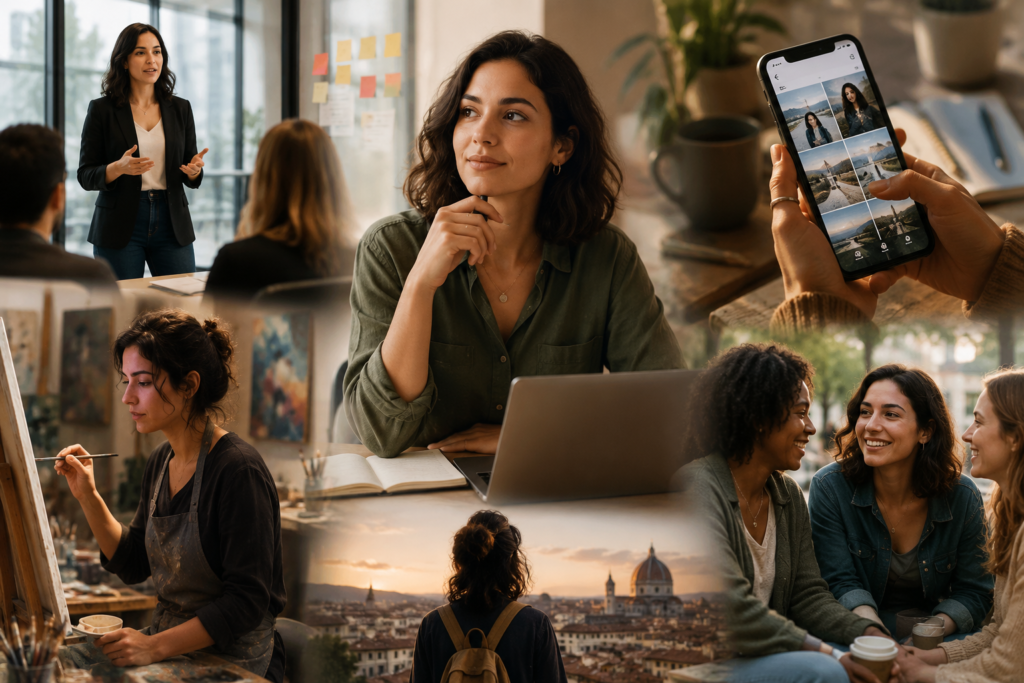 A warm, cinematic collage depicting a modern woman's evolving identity through scenes of professional work, creative pursuits, travel, social connections, and quiet reflection, symbolizing personal growth, adaptability, and self-discovery without any visible text.