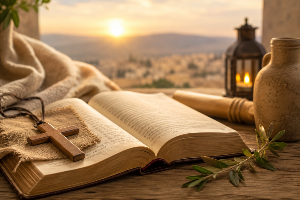 A warm softly lit still life scene on a wooden table featuring an open book, a wooden cross pendant, an olive branch, a rustic jug, and a glowing lantern in the background with a blurred golden landscape at sunset creating a peaceful spiritual atmosphere.