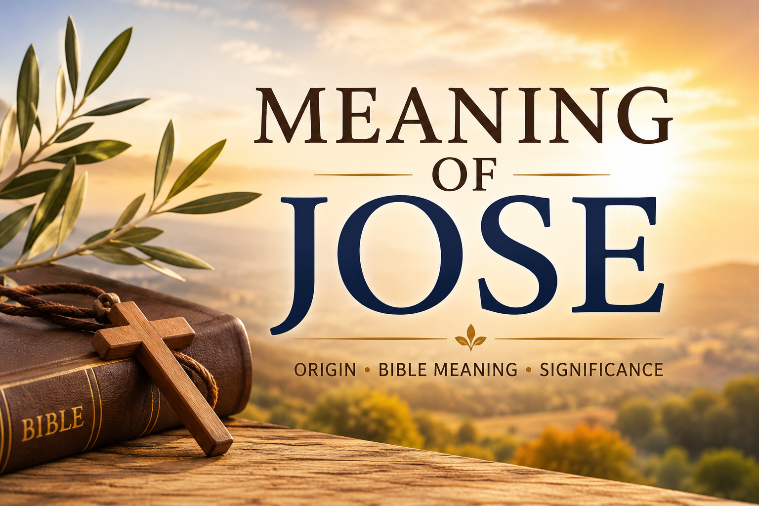 Meaning of Jose feature image with a Bible, wooden cross, olive branches, and a golden sunrise landscape symbolizing biblical heritage, faith, spiritual meaning, and the origin of the name Jose.