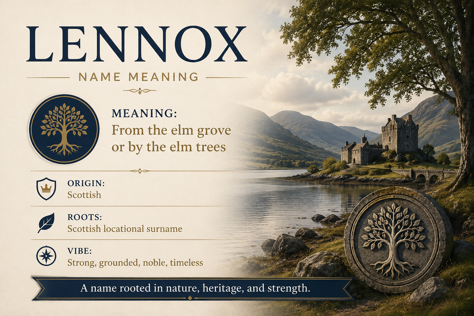 A serene feature image representing the Lennox name meaning, featuring a majestic elm tree beside a calm lake with rolling Scottish hills and an ancient stone castle in the background. Warm golden sunlight illuminates the landscape, symbolizing heritage, strength, and deep roots. The elegant, nature-inspired composition conveys the Scottish origin and timeless character associated with the name Lennox.