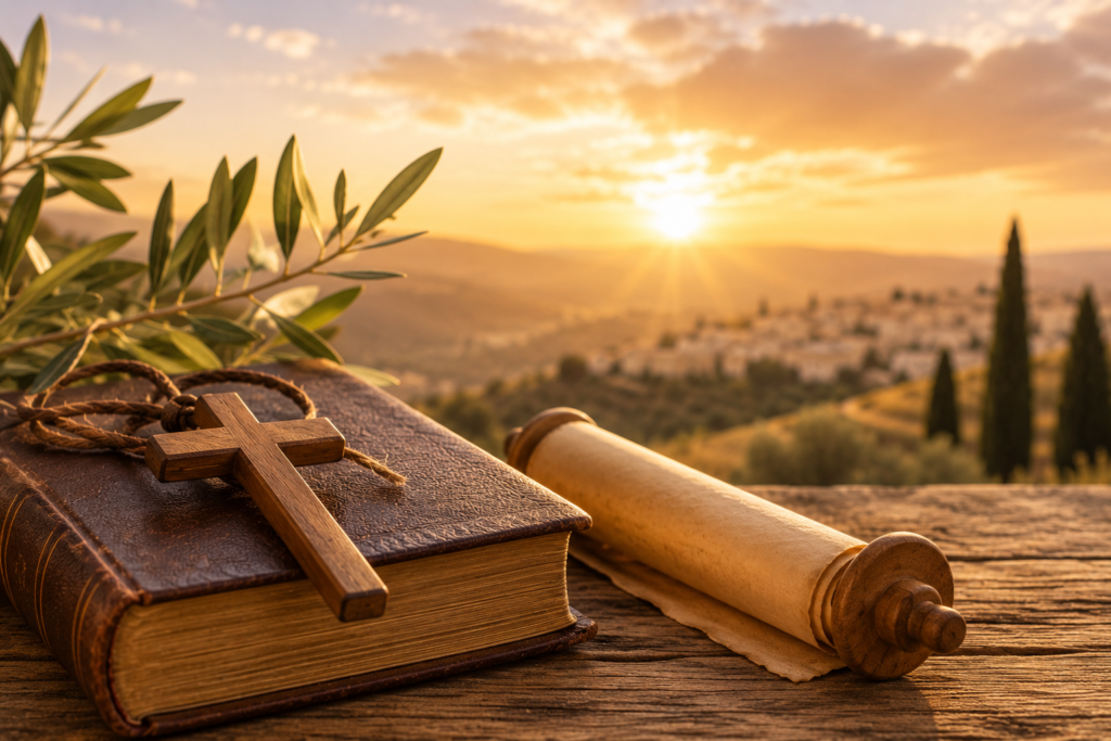 A peaceful biblical scene featuring a leather bound Bible, wooden cross, olive branches, and an ancient scroll on a rustic wooden table with a glowing sunrise over a historic landscape, symbolizing faith, wisdom, hope, and biblical heritage.