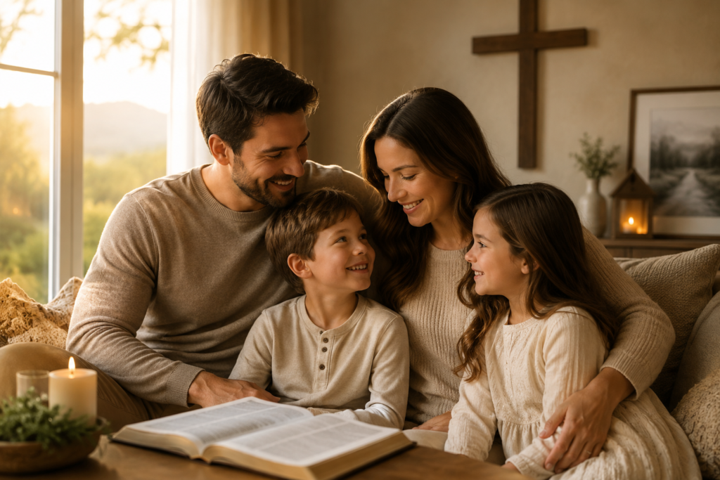 A warm Christian family gathered together in a cozy, sunlit living room with an open Bible, a wooden cross on the wall, and a peaceful atmosphere symbolizing faith, love, and family values.