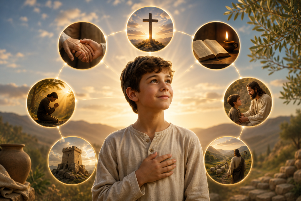 A young boy stands in warm golden light, surrounded by symbolic biblical scenes representing faith, kindness, prayer, guidance, compassion, and strength, set against a peaceful countryside landscape with a glowing cross and soft heavenly atmosphere.