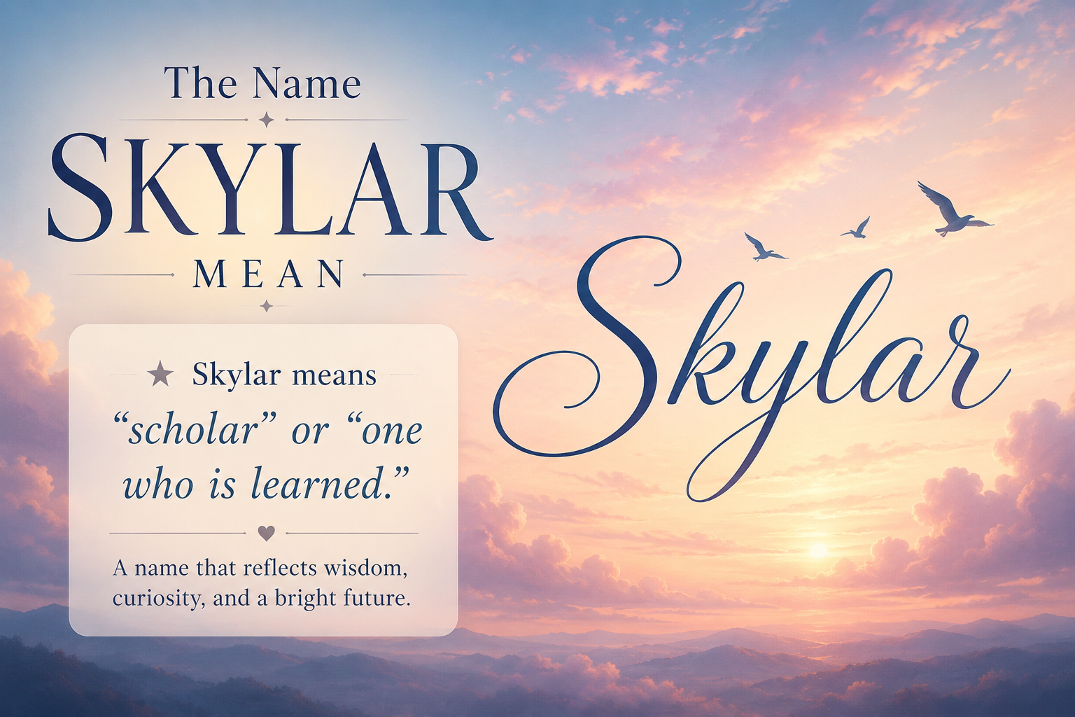 A peaceful feature image showing a vast blue sky with soft white clouds illuminated by warm sunrise light above distant rolling hills. The calm, airy landscape symbolizes openness, hope, and limitless possibilities, making it ideal for an article about the meaning of the name Skylar. No text appears in the image.